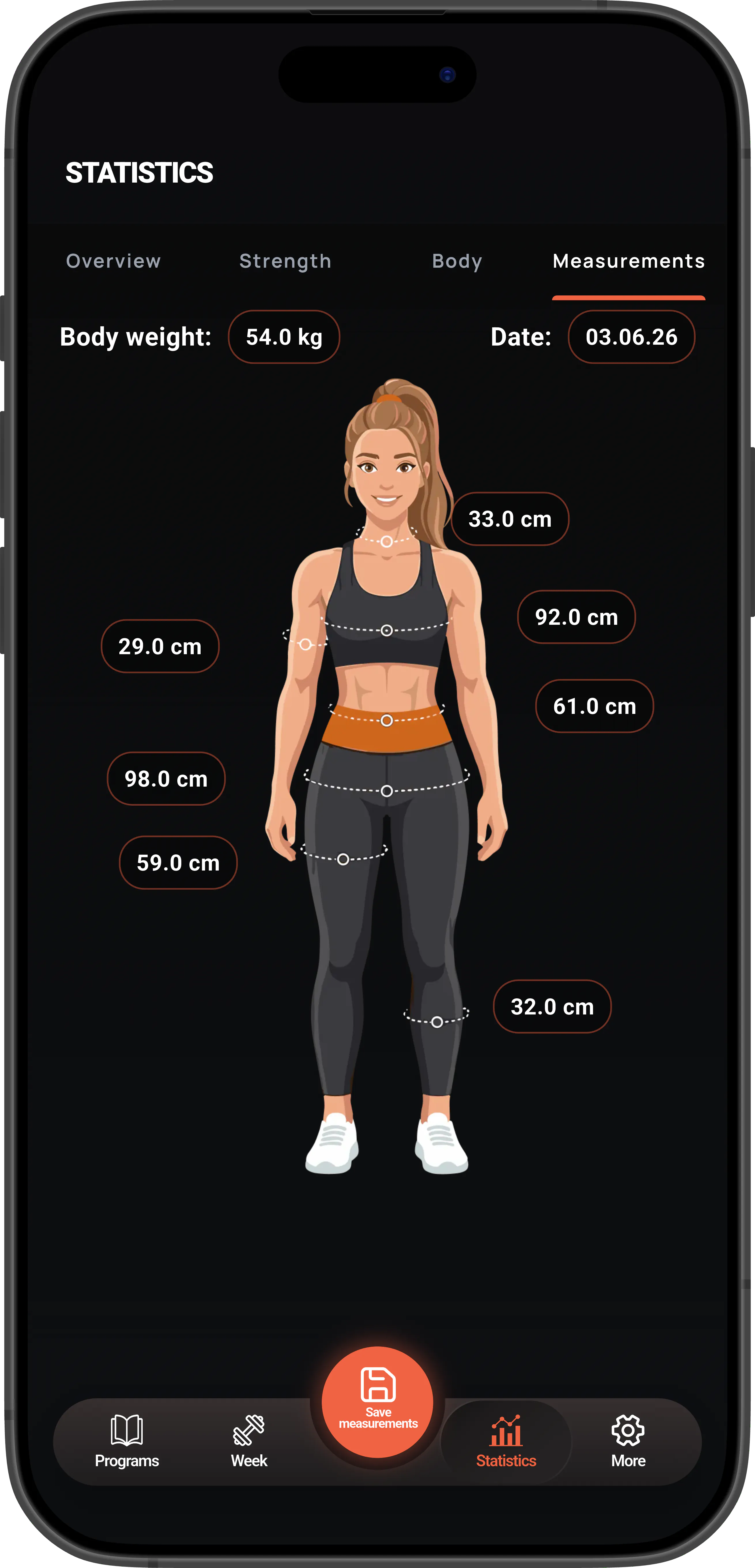 Body weight statistics screen